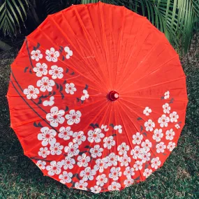 Red Nylon Parasol - cherry blossoms