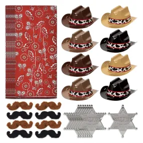 Western Party Favors - Goody Bags, Sheriff Badges, Mini Cowboy Hats, and Western Mustaches for 8 Guests