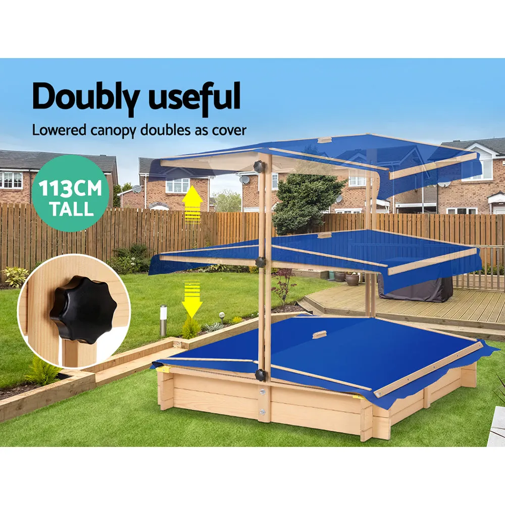 Adjustable Canopy Wooden Sandpit with Bench - Keezi, 101cm