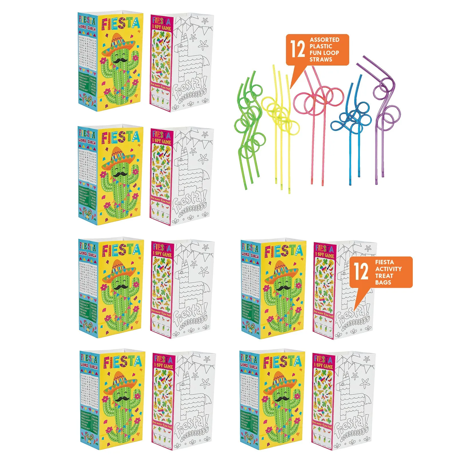 Fiesta Party Supplies - Activity Treat Bags with Fun Loop Straws for 12 Guests