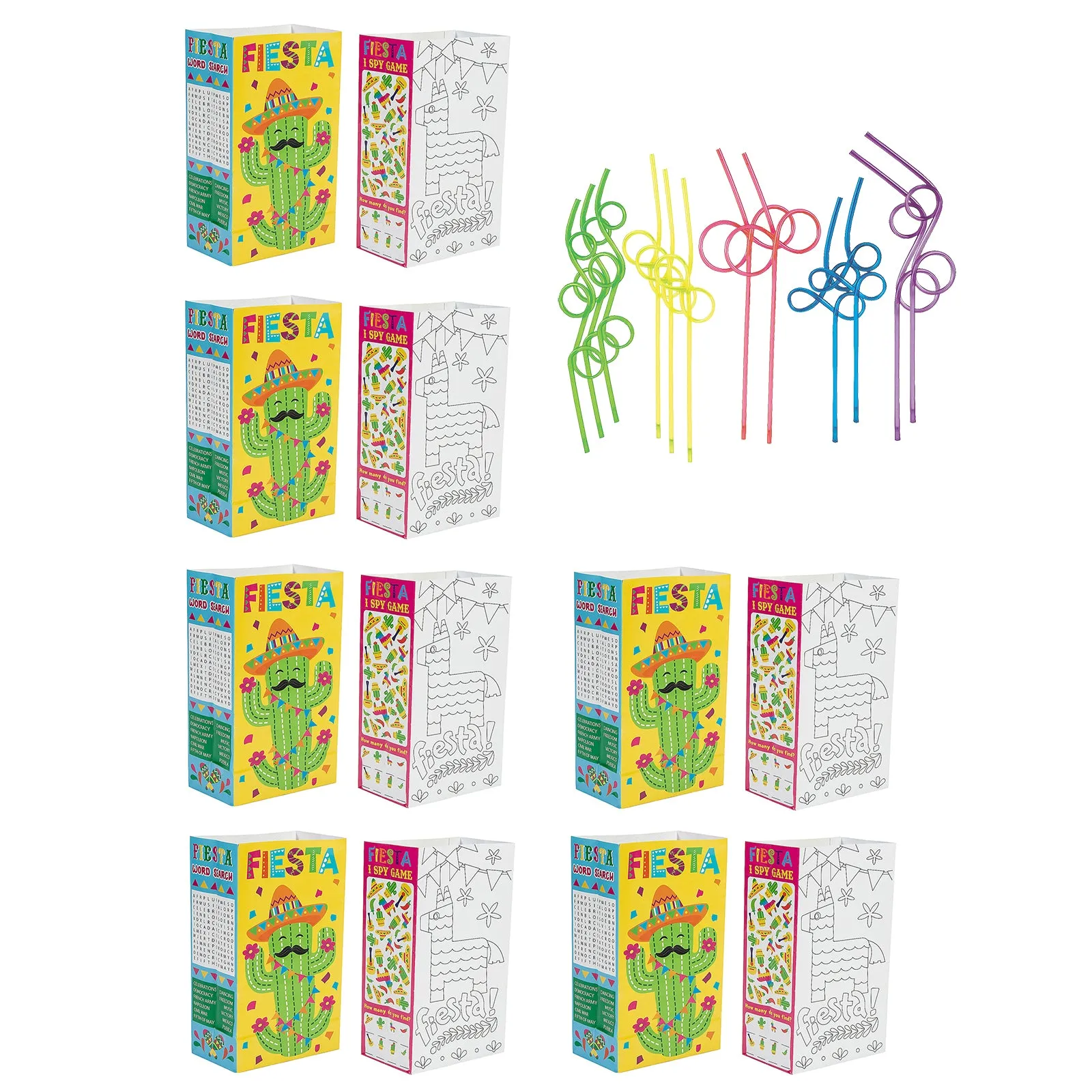 Fiesta Party Supplies - Activity Treat Bags with Fun Loop Straws for 12 Guests