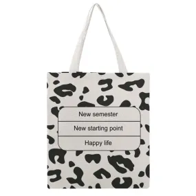 Personalized Text Cow Pattern Canvas Tote Bag Double Sides Printing