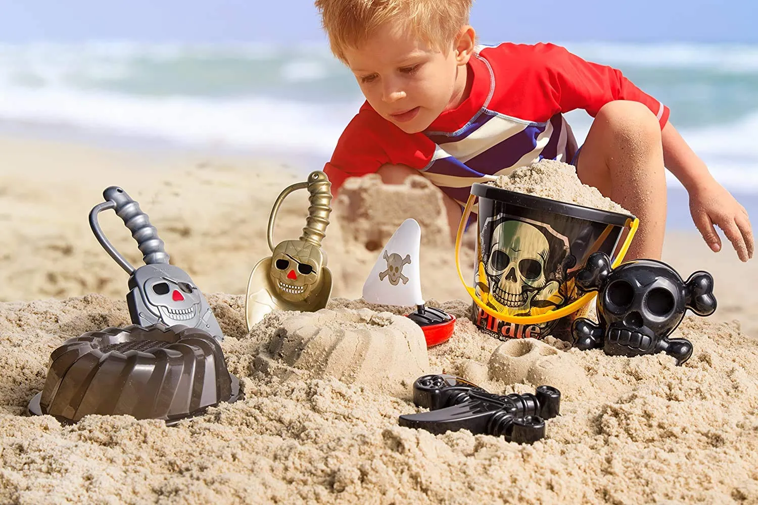 Top Race Beach toys, Sand toys, Pirate Mold Set for Kids 1.5-10 with Large 9" Beach toy