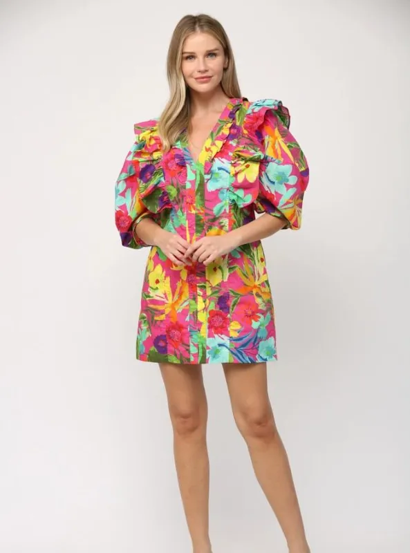 Tropical Print Poplin Dress